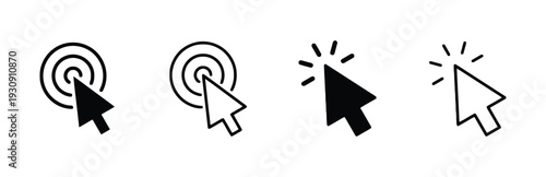 Cursor icons set, pointer symbol, click action, mouse cursor, targeting, different styles, outline and filled