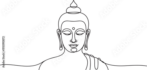 One continuous line drawn Buddha statue Buddhist character. Religious concept is a symbol of faith. Portrait of a prophet's face. one line Icon drawing