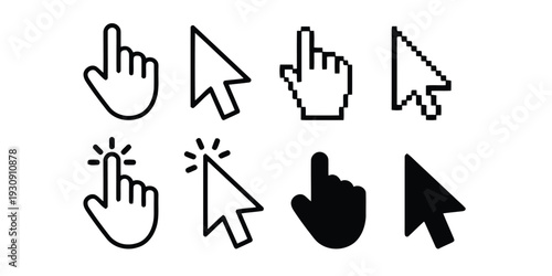Cursor icons showing hand pointer arrow and pixelated mouse cursors for web design