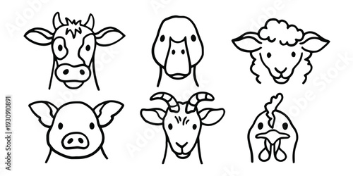 Cute cartoon farm animal faces including cow duck sheep pig goat chicken illustration