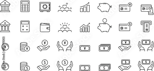 Financial and banking icon set featuring money currency and economy symbols