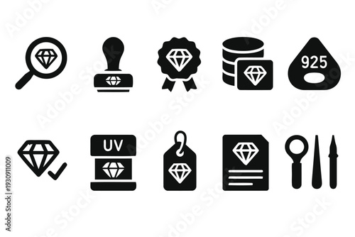 Diamond and jewelry appraisal icons, loupe, stamp, award, and certificate