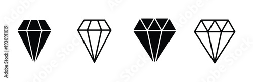 Diamond icon set solid and outline variations representing luxury and value