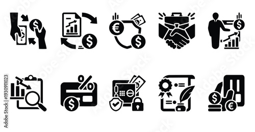 Financial and business icons for investment, trading, and secure transactions