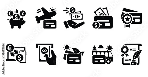 Financial and travel icons, piggy bank, airplane travel, payments, wallet, and credit cards