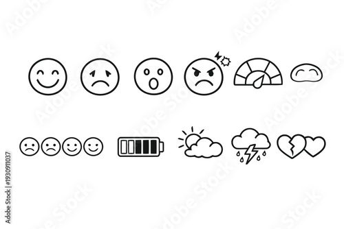 Emotions and feedback icons including happy, sad, surprised, angry faces, battery levels, weather, and broken hearts.