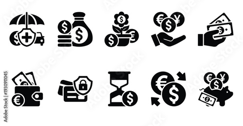 Financial and money icons set, investment and savings symbols, currency exchange