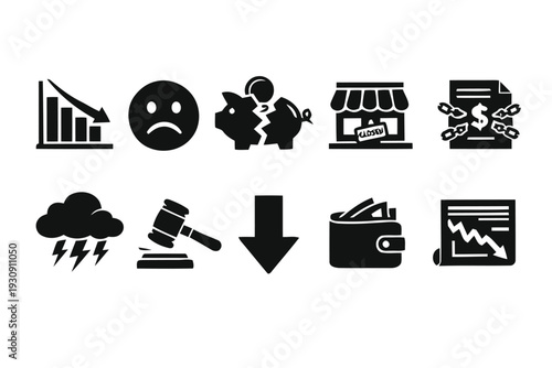 Financial crisis concept icons negative graph falling down sad face broken piggy bank store closing