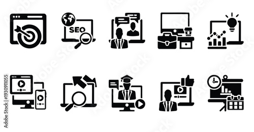 Digital marketing and business icons, online strategy and growth, SEO and education