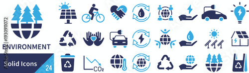 Environment icons set featuring green energy and sustainability symbols