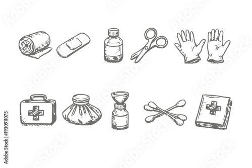 First aid and medical supplies sketch icons set on white background