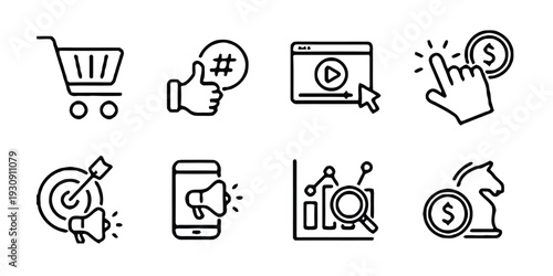 Digital marketing and business strategy line icons for commercial growth analytics