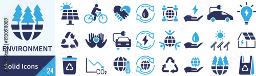 Environment icons set featuring green energy and sustainability symbols