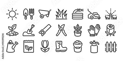 Gardening tools and symbols for plant care and outdoor activities