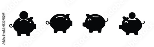 Four black piggy bank icons with coin slots and curly tails