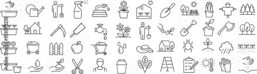 Gardening and agriculture line icons set for horticulture and backyard landscaping