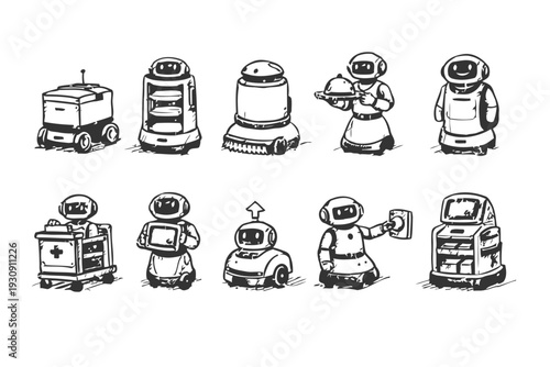 Diverse collection of robot and automated machine icons for various services