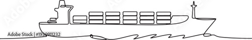 Continuous one drawn line cargo ship silhouette. one line Icon drawing