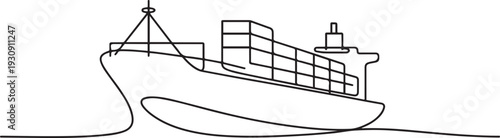 Continuous one drawn line cargo ship silhouette. one line Icon drawing