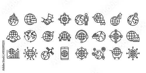 Global business icons set with international trade and worldwide connection symbols