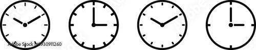 Four detailed analog clocks with minute and hour hands