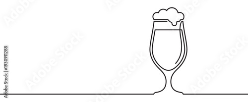 Beer glass continuous line drawing illustration with foamy head, perfect for pub menus, bar advertisements, or beverage-related designs.