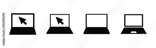 Four laptop computer icons on white background showing screen cursor