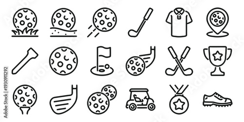 Golf icons set collection vector collection including golf ball golf club tee and sport equipment