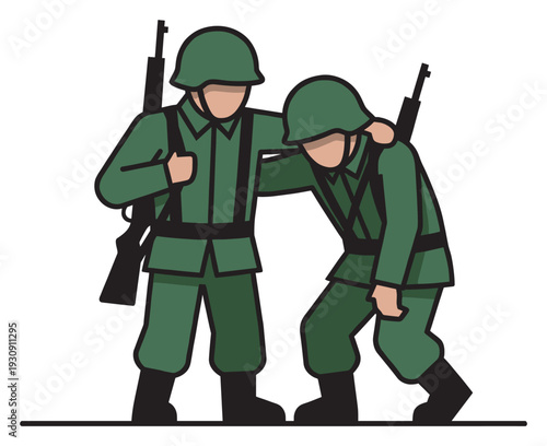 Two soldiers helping injured comrade during military operation, demonstrating teamwork and support on the battlefield.