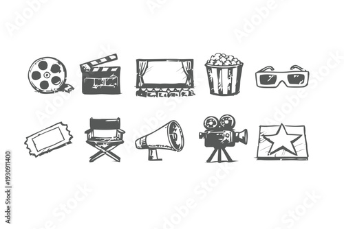 Hand drawn cinema and film production icons set with director chair and camera gear