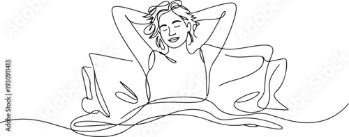 Continuous single line drawn character girl woman in bed wakes up in the morning. one line Icon drawing