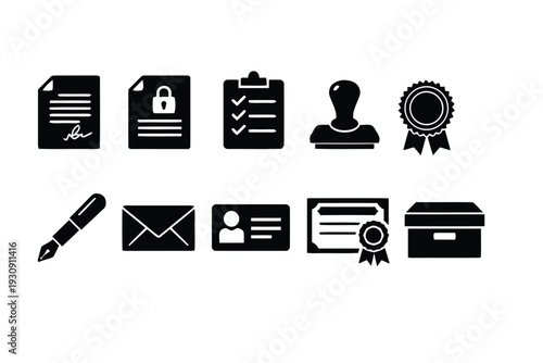 Document icons, stamp, certificate and ID card, office and legal symbols.