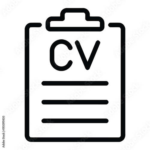 Document icon with text cv and lines for writing, concept of resume or curriculum vitae