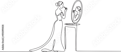 Continuous single one drawn line women, women in evening dress costume worn in front of the mirror. The concept of fashion is make-up. one line Icon drawing