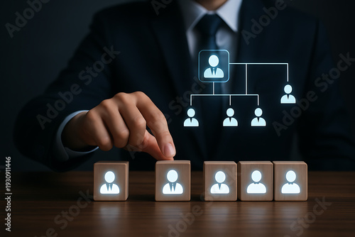 Corporate structure and management concept with professional arranging digital hierarchy icons representing business team leadership