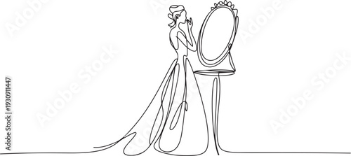 Continuous single one drawn line women, women in evening dress costume worn in front of the mirror. The concept of fashion is make-up. one line Icon drawing