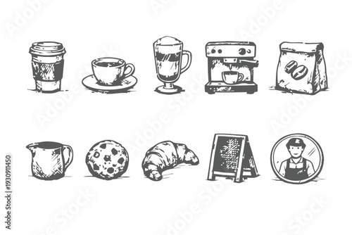 Hand drawn coffee shop icons featuring coffee cup, espresso machine, croissant, cookie and barista