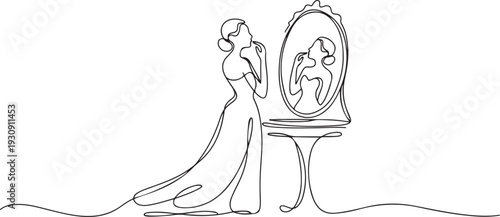 Continuous single one drawn line women, women in evening dress costume worn in front of the mirror. The concept of fashion is make-up. one line Icon drawing