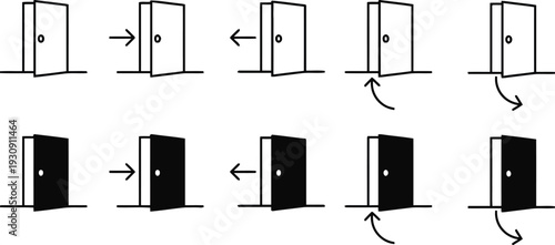 Door opening and closing animation stages isolated on white background