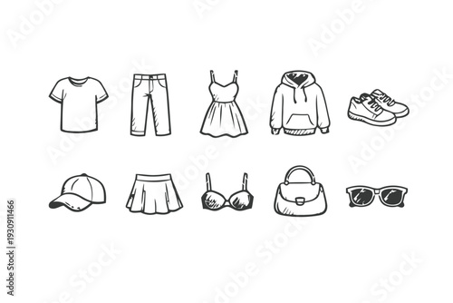 Hand drawn doodle icons of clothing and accessories for women fashion