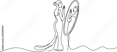 Continuous single one drawn line women, women in evening dress costume worn in front of the mirror. The concept of fashion is make-up. one line Icon drawing