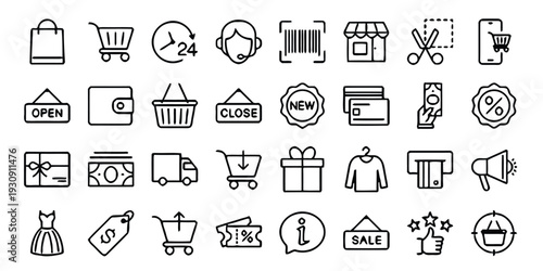 E commerce shopping cart icons for online retail and sales