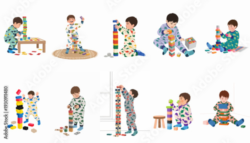 Toddlers in pajamas joyfully building and playing with colorful wooden blocks in different scenes.