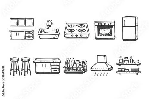 Hand drawn kitchen appliances and furniture icons including stove, refrigerator, sink and cabinets