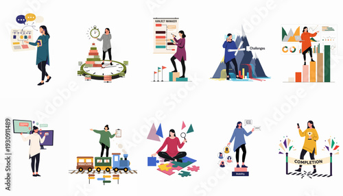 A comprehensive illustration set showcasing modern business concepts, project management, challenges, time management, strategy, and ultimate completion with success.