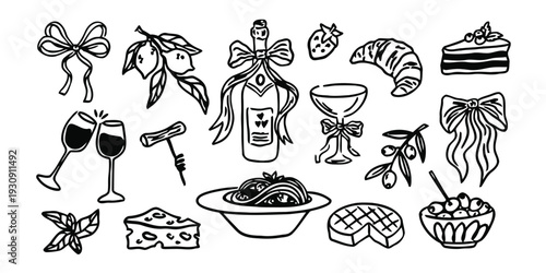 Hand drawn food and drink doodles including wine, cheese, pasta, and pastries