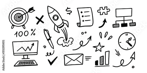 Doodle style business and finance icons for startups and project management planning
