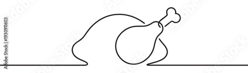 Roasted turkey or chicken is artfully depicted in a minimalist continuous line drawing, representing festive meals and culinary traditions.