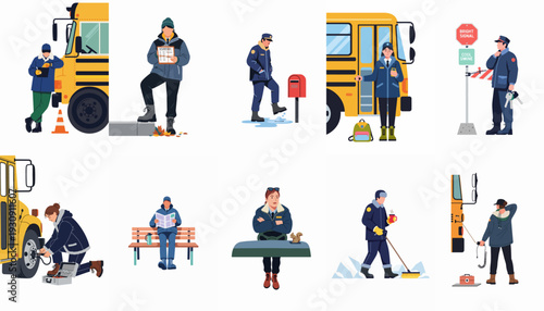 Diverse public service professionals engaged in daily tasks around a school bus across different seasons, showcasing commitment to community and safety.