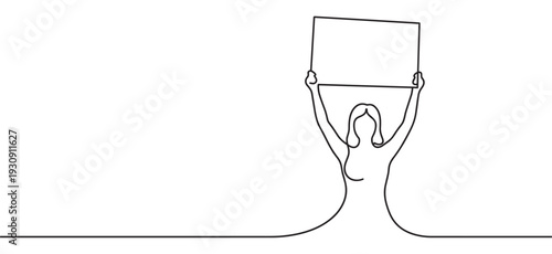 Woman holding a blank sign above her head, depicted in a minimalist continuous line art style, symbolizing protest or advocacy.